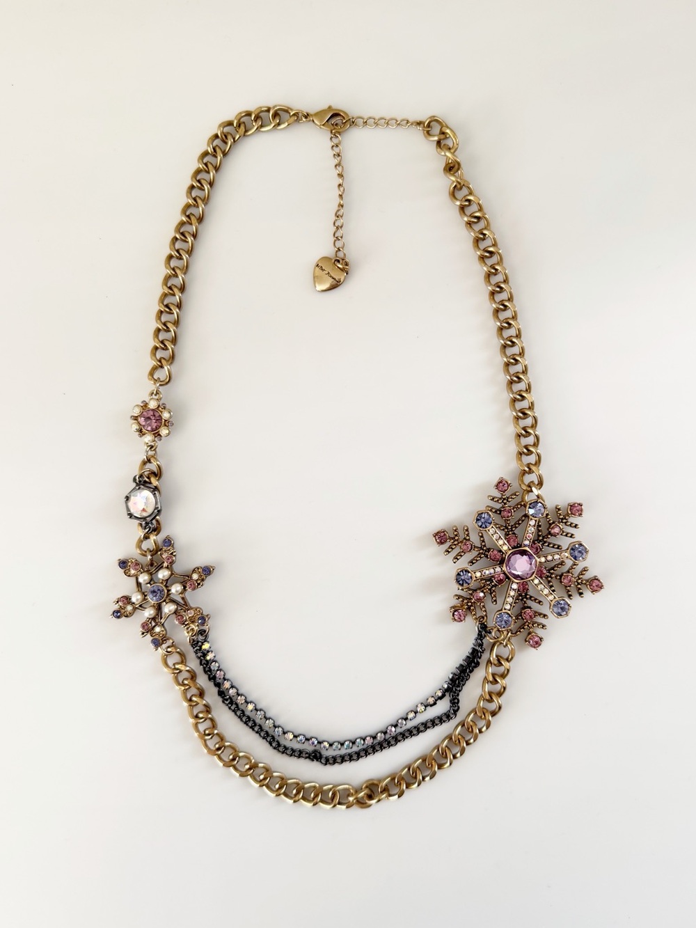 Betsey Johnson Snowflakes Layered Gold Tone Rhinestones Statement Necklace
